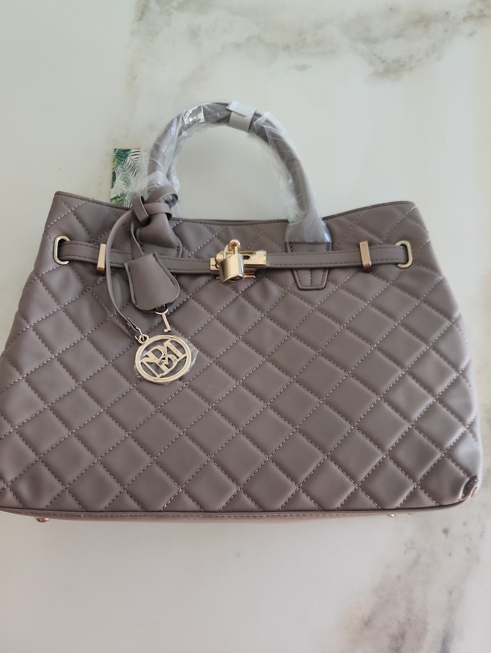Badgley Mischka Quilted Taupe Satchel with Gold Hardware - Picture 1 of 11